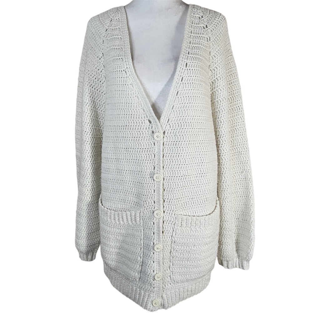 Handmade Crochet Long Cardigan Women's Medium Slouchy Button Front Cottagecore
